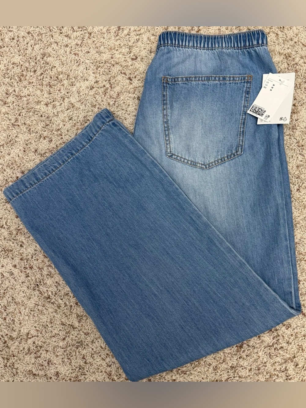 Women’s H&M Wide Leg Jeans Blue Medium Wash Chambray Drawstring Elastic Waist M